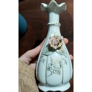 Ceramic Vase with Applied Flower, Gilded Floral Design, White Gold Pink Green